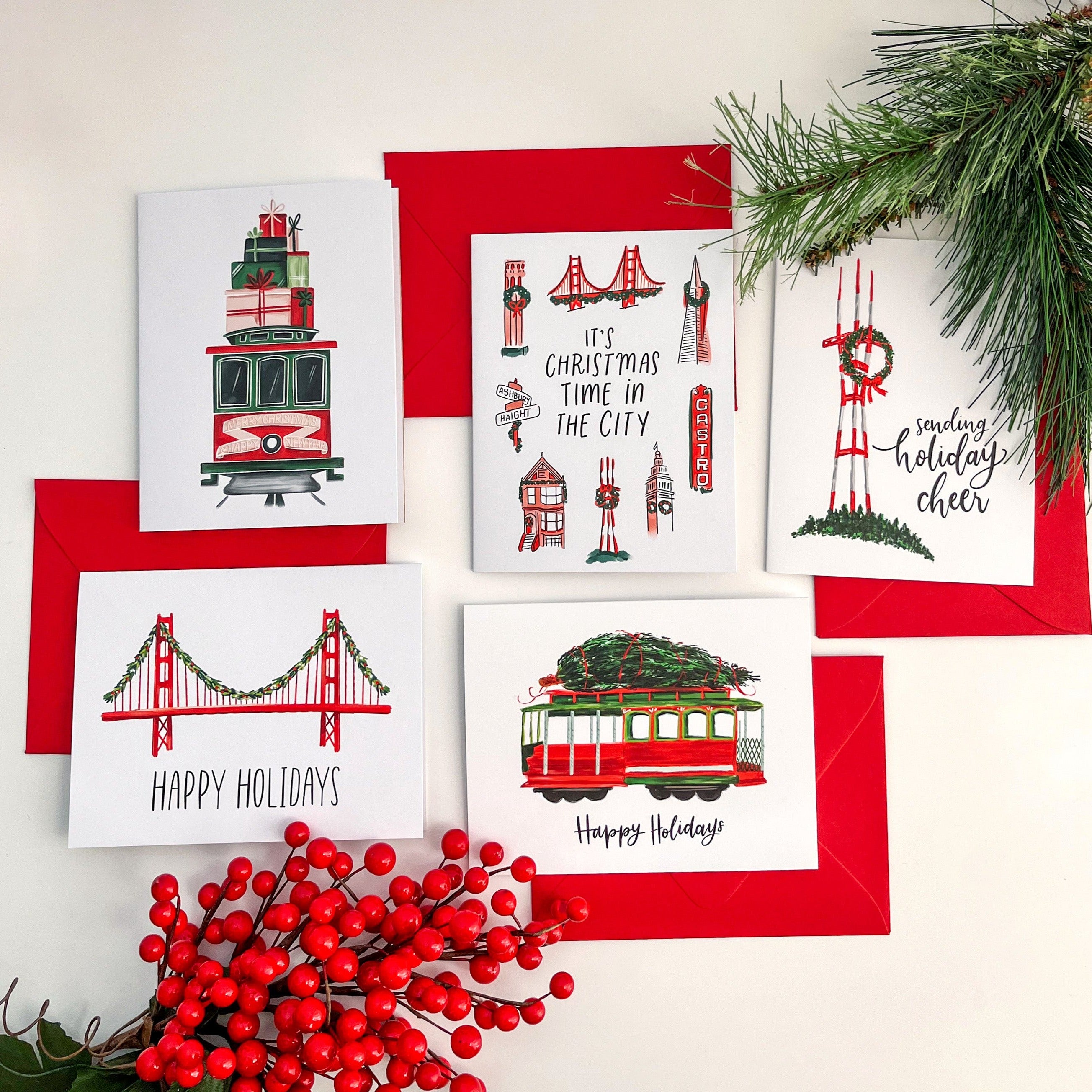 Golden Gate Bridge Garland Happy Holidays Greeting Card