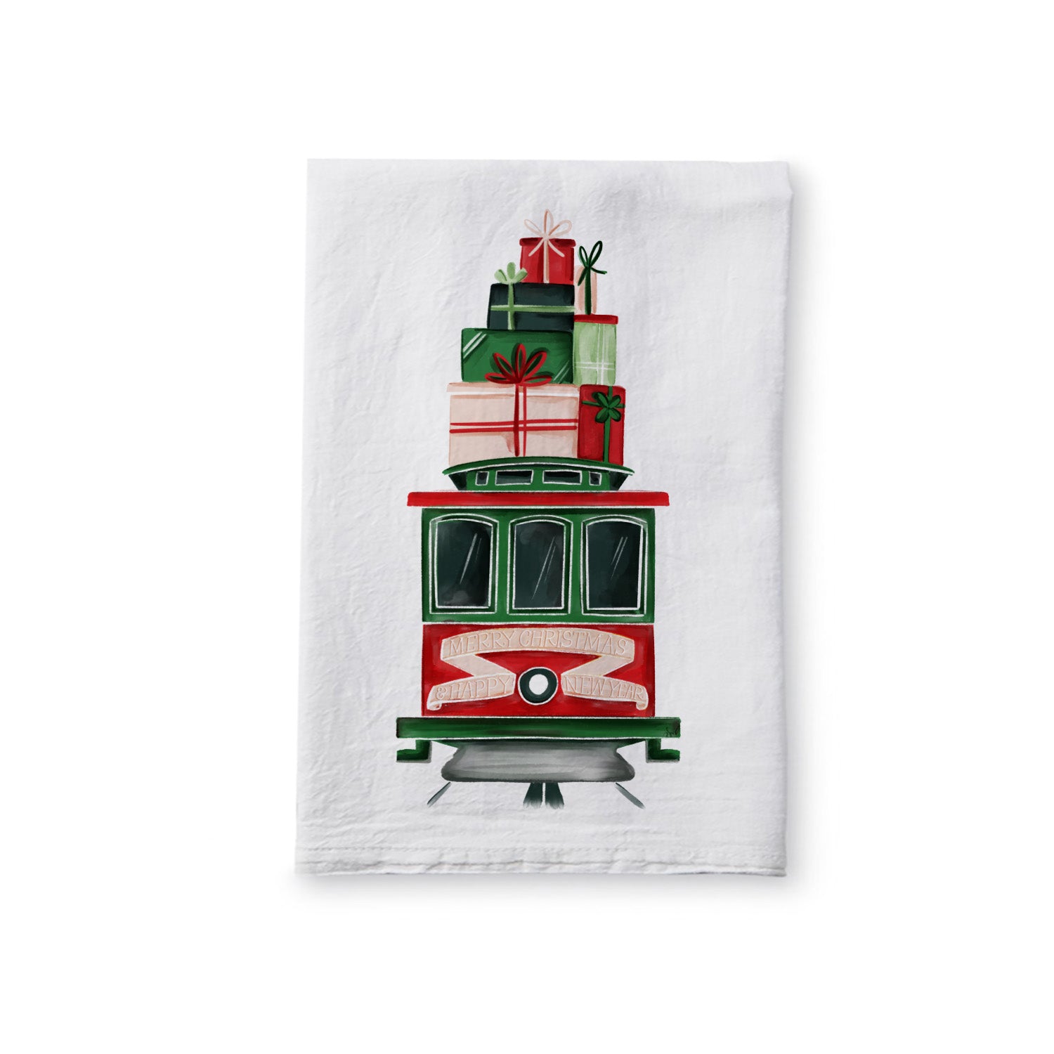 Cable Car With Gifts Holiday Tea Towel